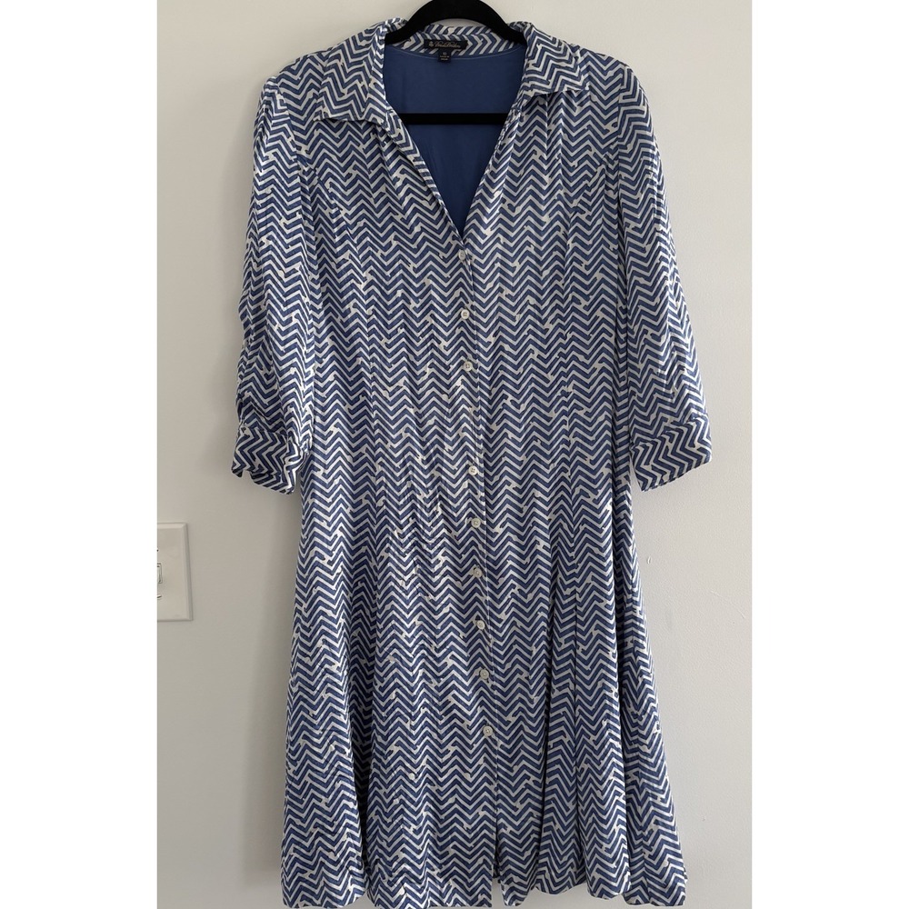 BROOKS BROTHERS Blue White 100%Silk Charmeuse Shirtdress Women's Sz10 PreppyCity - Picture 1 of 9